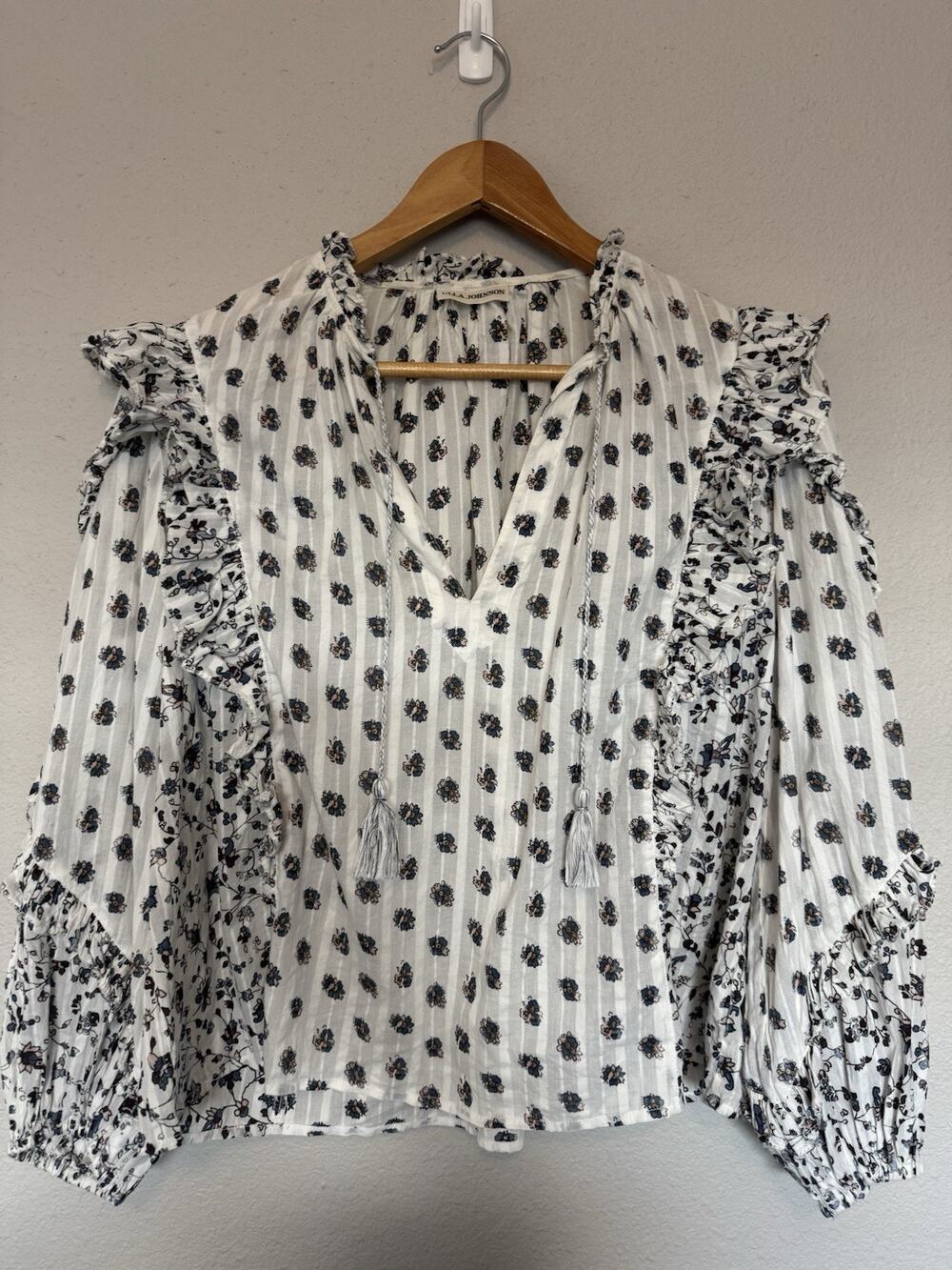 Ulla Johnson Floral Ruffle V-Neck Long Sleeve 100% Cotton Blouse Women's 0